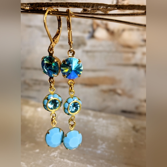 Turquoise Blue And Flower Swarovski Crystal In Drop Down Earrings - Picture 3 of 5